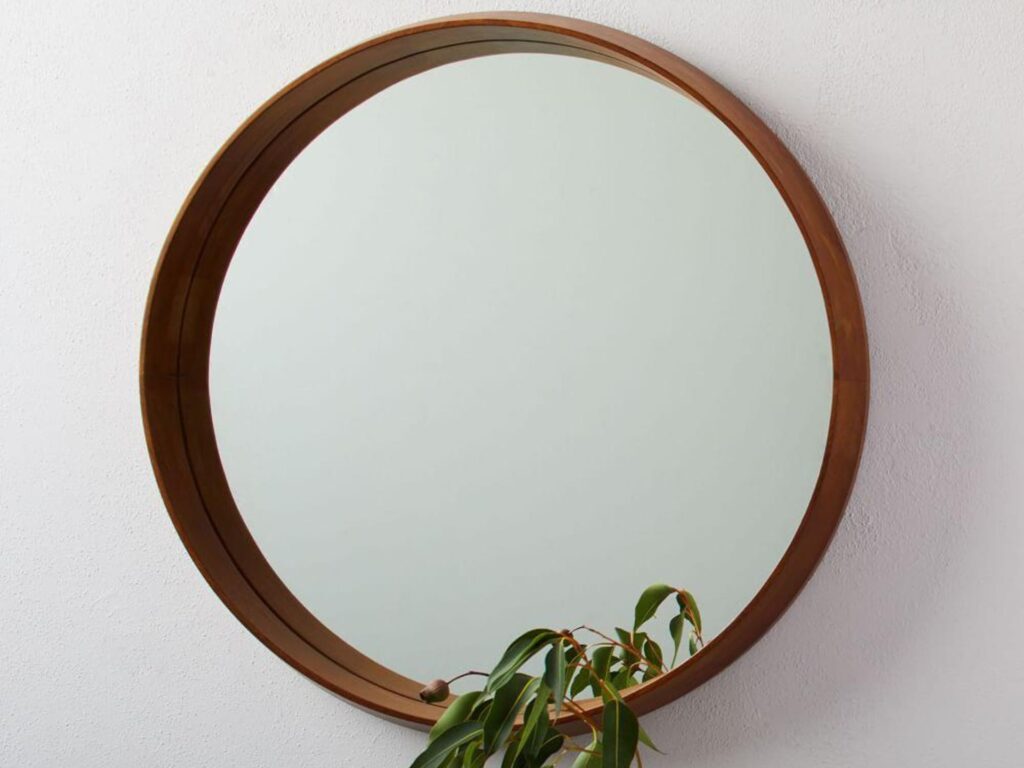 Wood Frame Ledge Round Wall Mirror